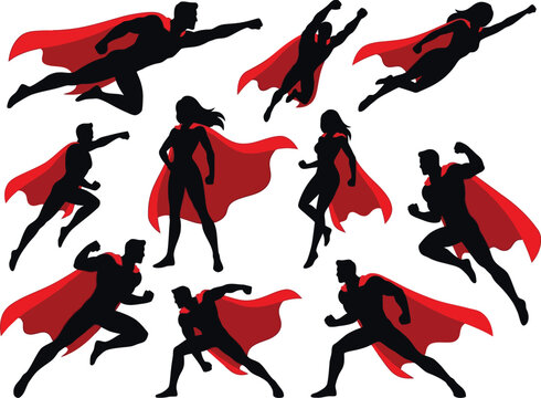 Superhero silhouettes with red capes black shapes on white background