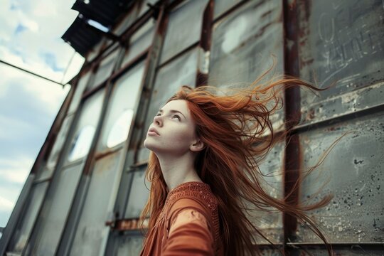 Cinematic portrait of a thoughtful young redhead woman with wind-swept hair looking up, set against a weathered, rustic industrial glass wall under a moody cloudy sky for creative editorial use.