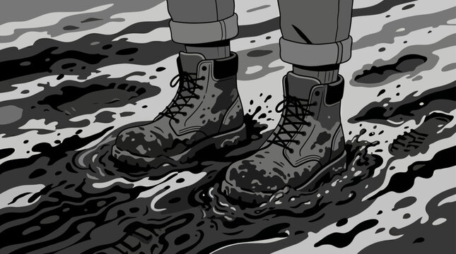 A pair of rugged work boots standing in deep muddy water.