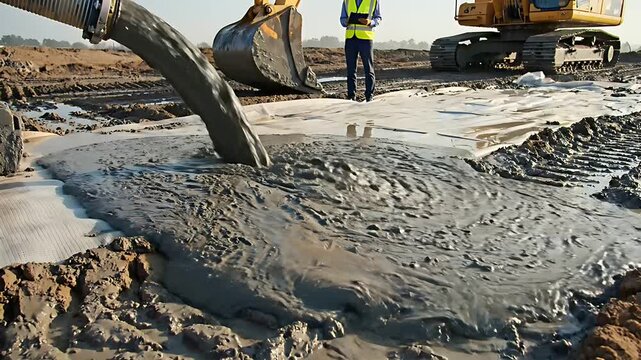 Slurry discharging from a large industrial pipe onto a geotextile membrane at a construction site. A site engineer monitors the operation with heavy machinery. Ideal for land reclamation marketing.