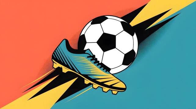 soccer ball and football boot against vibrant, dynamic background, athletic footwear, sportswear.