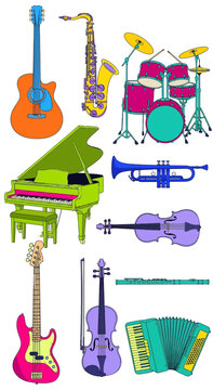 Vibrant Collection of Musical Instruments: Guitar, Piano, Saxophone, Violin, Trumpet, Drums