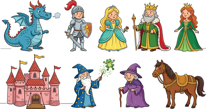 Fairytale Character Vector Set with Cute Cartoon Dragon Knight Princess King Queen Castle Wizard Witch and Horse for Children Storybooks and Fantasy Graphic Designs