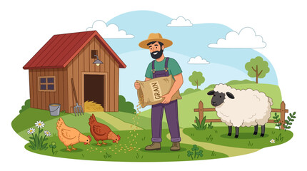 A cheerful farmer feeding his livestock on a sunny day. © Dary_Hamidudin
