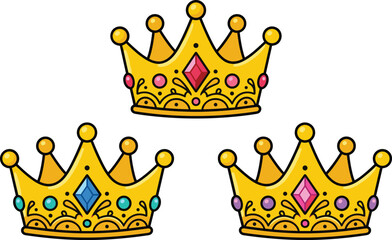 Cute Cartoon Golden Crown Vector Set with Colorful Colorful Gemstones for Princess Birthday Parties Kids Graphic Illustrations Fairytale Logos and Royal Badges © Garun Creative