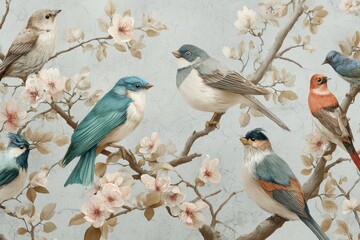 Fototapeta premium Colorful Birds Perch on Flowering Branches Under a Clear Sky