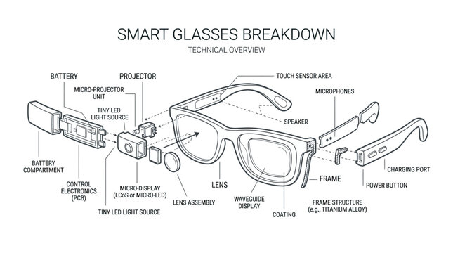 Technical diagram showing the exploded view of smart glasses components.