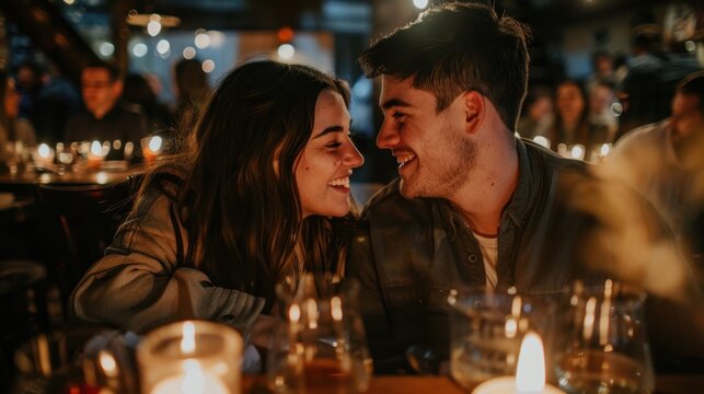 Happy young couple smiling and sharing an intimate moment during a romantic candlelit dinner date at a cozy, warm restaurant with cinematic bokeh background lighting for lifestyle ads.