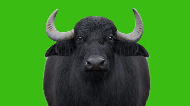 Portrait buffalo on green screen chroma key background. Animated cinemagraph, parallax animation, based on an original photograph.
