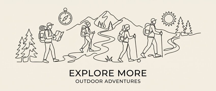 Minimalist line art of hikers with backpacks, trekking sticks, and maps, exploring nature trails, outdoor adventure theme, clean design for travel and exploration marketing.