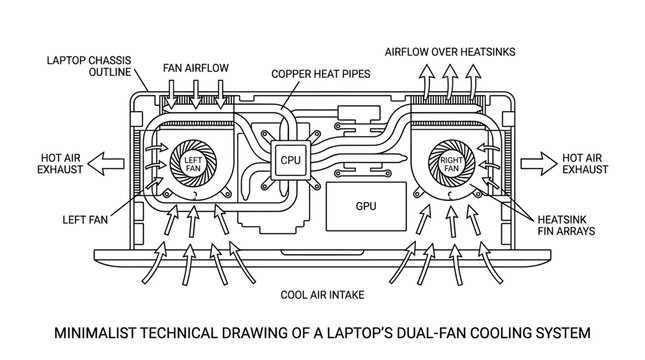 Technical line drawing of a laptop dual fan cooling system.