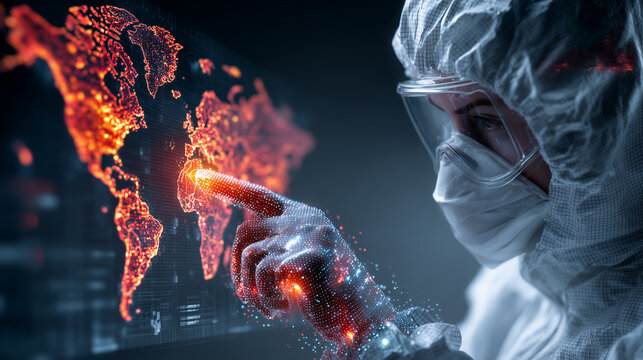 Scientist in protective suit analyzing global digital virus outbreak on futuristic world map