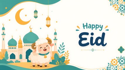 Fototapeta premium Happy Eid Mosque Cartoon Illustration Islamic Background
