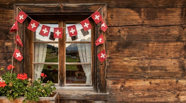 Swiss flag garland hanging above rustic chalet window with flowers. Concept of alpine tradition, national celebration and cozy village atmosphere