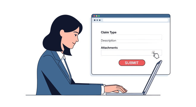Woman using laptop to submit online claim form with copy space
