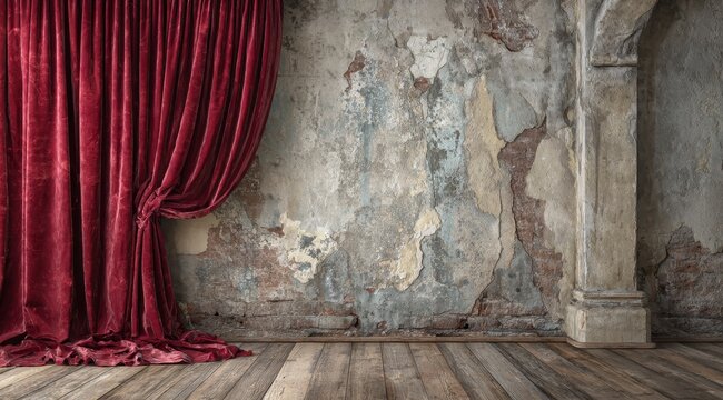 Rich Red Sequined Curtain Adorns Textured Peeling Wall and Rustic Wooden Floor Evoking Theatrical Atmosphere Dramatic Lighting Dramatic Textures Rich Colors Elegant Drapery