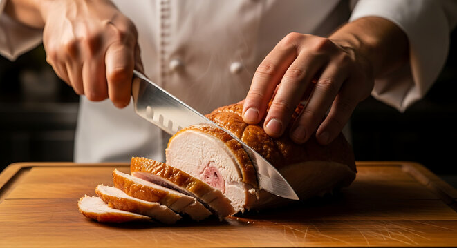 Chef slicing roasted turkey breast with stuffing on a wooden cutting board, close-up