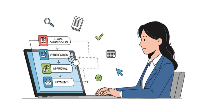 Woman using laptop with claim submission verification approval payment process