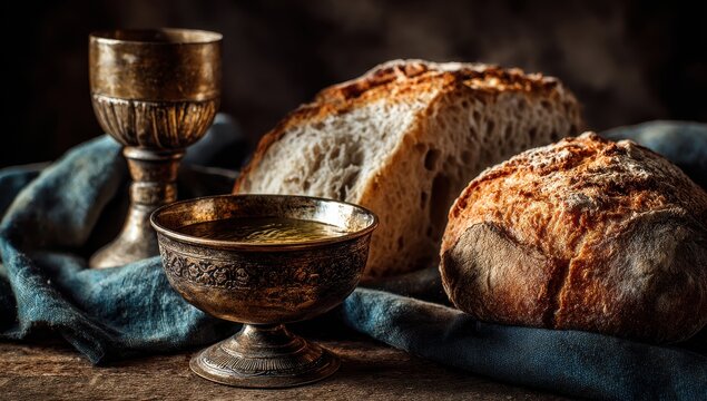 Ornate Golden Chalices Filled With Golden Liquid Beside Crusty Artisan Breads on a Dark Textured Surface with Blue Fabric Dramatic Lighting