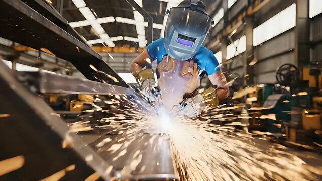 Female welder in protective gear working on steel beams in a factory. Bright sparks fly during metal fabrication. Skilled labor concept, ideal for industrial manufacturing and vocational training.