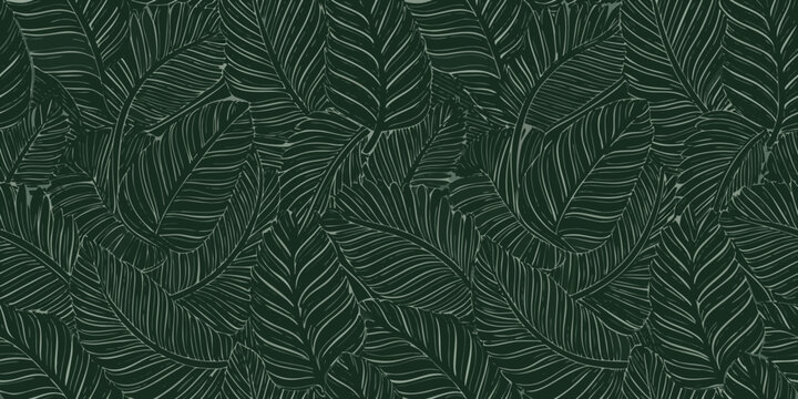 seamless pattern of stylized tropical fern leaves in dark green monochromatic design