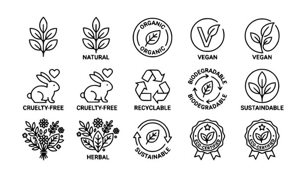 Eco friendly cosmetic label line icon set flat vector illustration isolated organic design