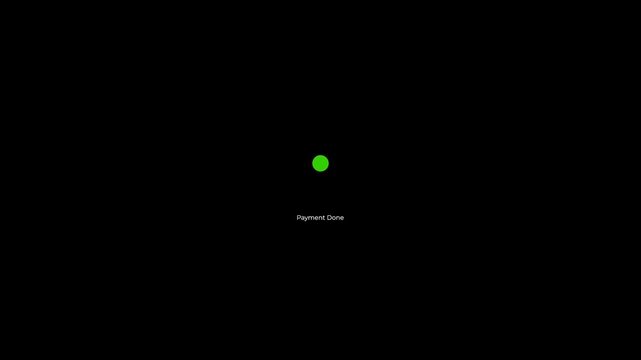 Payment processing animation with three dots loading loop transitioning into a green checkmark icon and Payment Done text with black background.