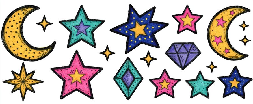 Vibrant whimsical stars and moon scrapbook stickers for creative journaling and notebook embellishments.