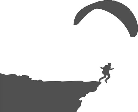 Base jumper leaping from a rocky cliff edge with a parachute silhouette vector can be editable