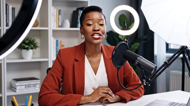 Professional Black woman recording podcast in modern home studio