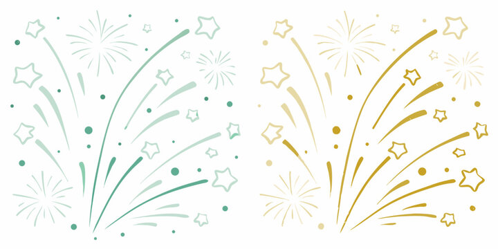 watercolor firework bursts with stars in teal and gold isolated on white