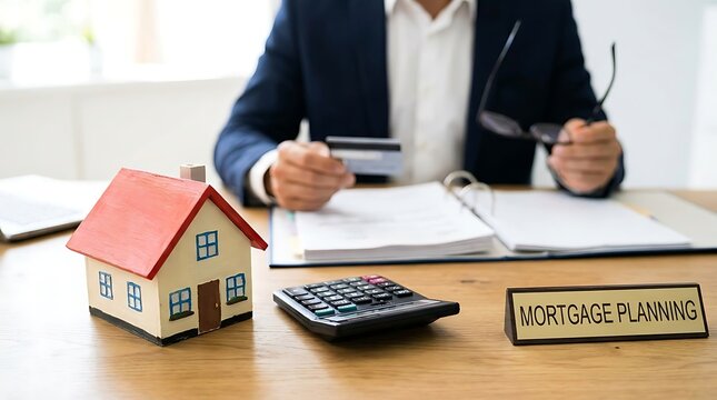 Mortgage approval and home financing concept with property model calculator and business planning