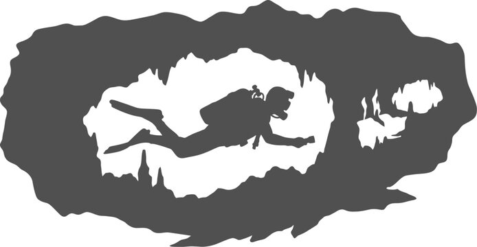 Cave diver exploring a deep underwater cavern vector can be editable