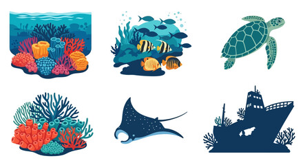 Fototapeta premium Underwater Ocean Life Collection: Coral Reefs, Fish, Turtle, Manta Ray, and Shipwreck
