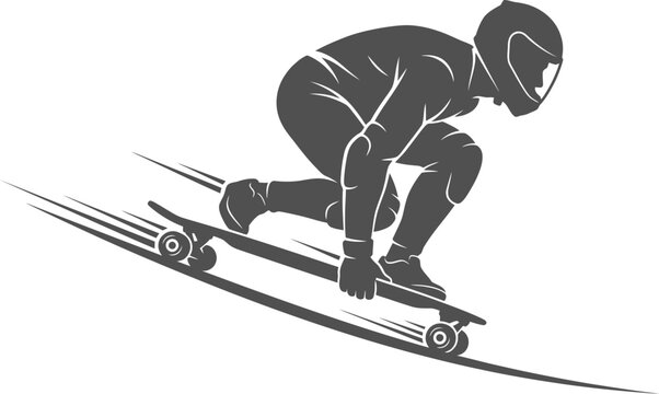 Downhill longboarder in a speed tuck position on a steep road vector can be editable