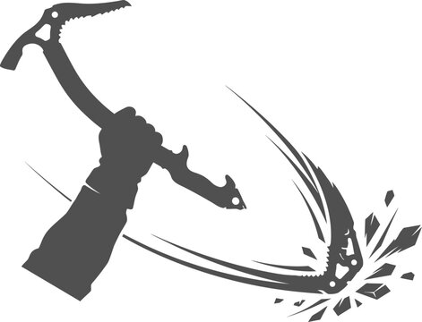Hand holding an ice axe striking into a frozen surface vector can be editable