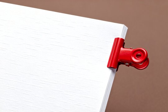 Red clip holding white paper on brown background