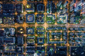 Fototapeta premium Overhead Aerial Night View of a Gridlike Cityscape Illuminated by Golden Streetlights and Building Lights Showing Dense Urban Development and Traffic Flow