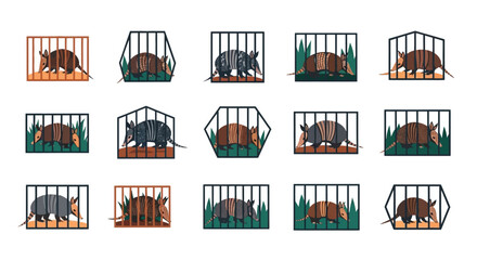Naklejka premium Set of Cute Armadillo Illustrations in Cages Vector Icons