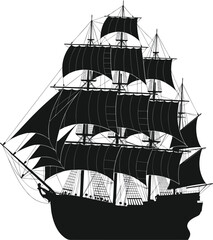 Sailing ship, vintage clip art, black silhouette, nautical icon, vector illustration © SetuRani