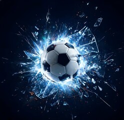 Naklejka premium Soccer ball exploding with bright blue energy and glass shards in dark stadium lighting
