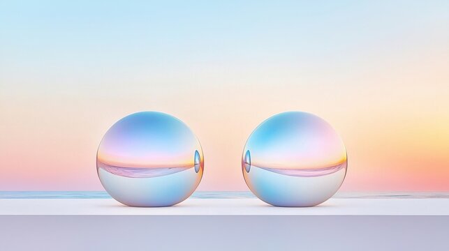 Two spherical objects with a gradient of colors and a reflective surface, positioned on a white shelf against a sunset backdrop.