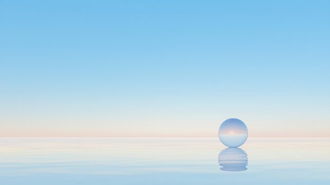 A glass sphere with a sun reflection sits on a calm body of water.