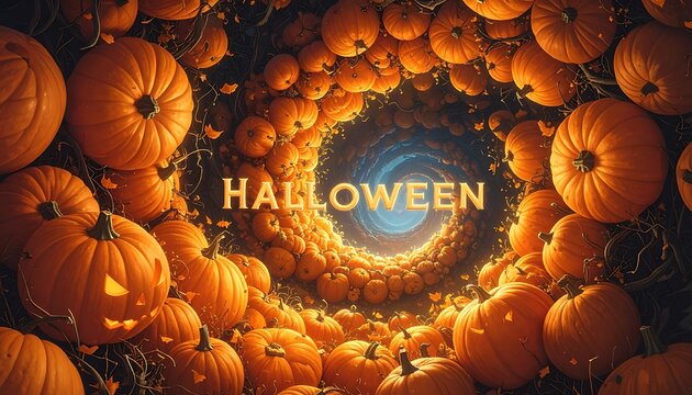 Halloween pumpkins tunnel orange background.