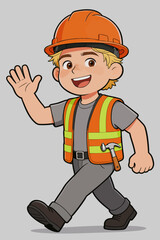 Fototapeta premium Cheerful Cartoon Construction Worker Waving and Walking