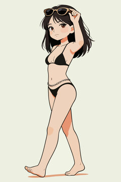 Flat style young female character in black bikini with sunglasses