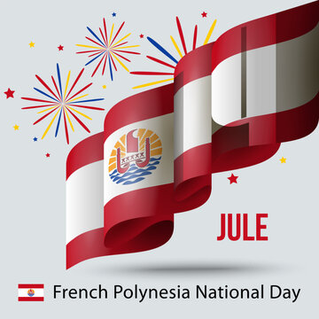 Banner and greeting card for National Day. The wavy Polynesian flag celebrates the holiday on July 14. Image, banner, and vector illustration for National Day of French Polynesia