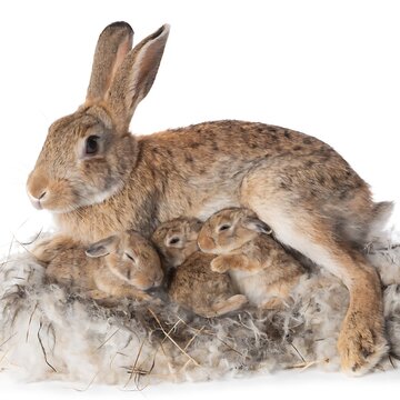 Mother Rabbit with Baby Rabbits in Nest Isolated on White
