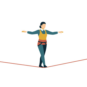 Woman balancing on tightrope, extreme sport, focus and concentration, risk and challenge