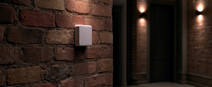 White Digital Access Panel Installed On Brick Wall In A Dimly Lit Corridor